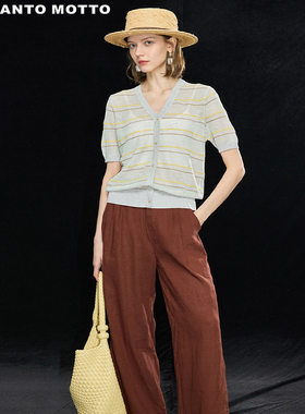 【撞色条纹蝴蝶提花针织衫】25年夏季新款优雅V领短袖上衣女