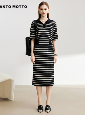 【时尚拼接POLO领T恤裙】夏季收腰条纹连衣裙