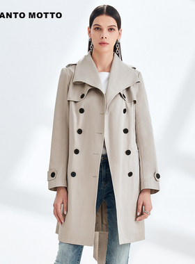 canto motto雾道秋季设计双层大衣大翻领系带显瘦中长款风衣外套