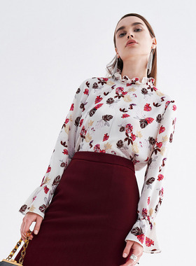 【商场同款】雾道秋季新款淑女印花木耳边立领喇叭长袖衬衫女