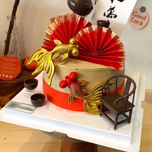 中国风太师椅蛋糕装饰摆件 金鱼红金鱼祝寿烘焙插件 爷爷奶奶贺寿