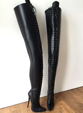 黑色纳帕尖头哑光弹力PU性感过膝绑带装饰长靴过膝靴高筒靴E401XX