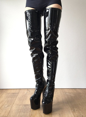 黑色漆皮亮面超高跟细跟防水台20CM细高跟过膝长靴 高筒靴 Y101