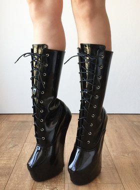 黑色漆皮前球鞋孔绑带性感欧美镜面PU无跟中靴 女靴 有大码 ZDX2