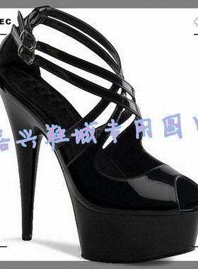 黑色漆皮亮面绑带露趾鱼嘴性感细高跟15CM凉鞋女CLX3