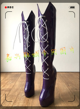 紫色马靴性感马蹄靴子漆皮前绑带坡跟无跟长靴 ZZX2