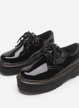 Dr马丁单鞋 Quad松糕黑色亮光小皮鞋女厚底增高3孔1461复古英伦风