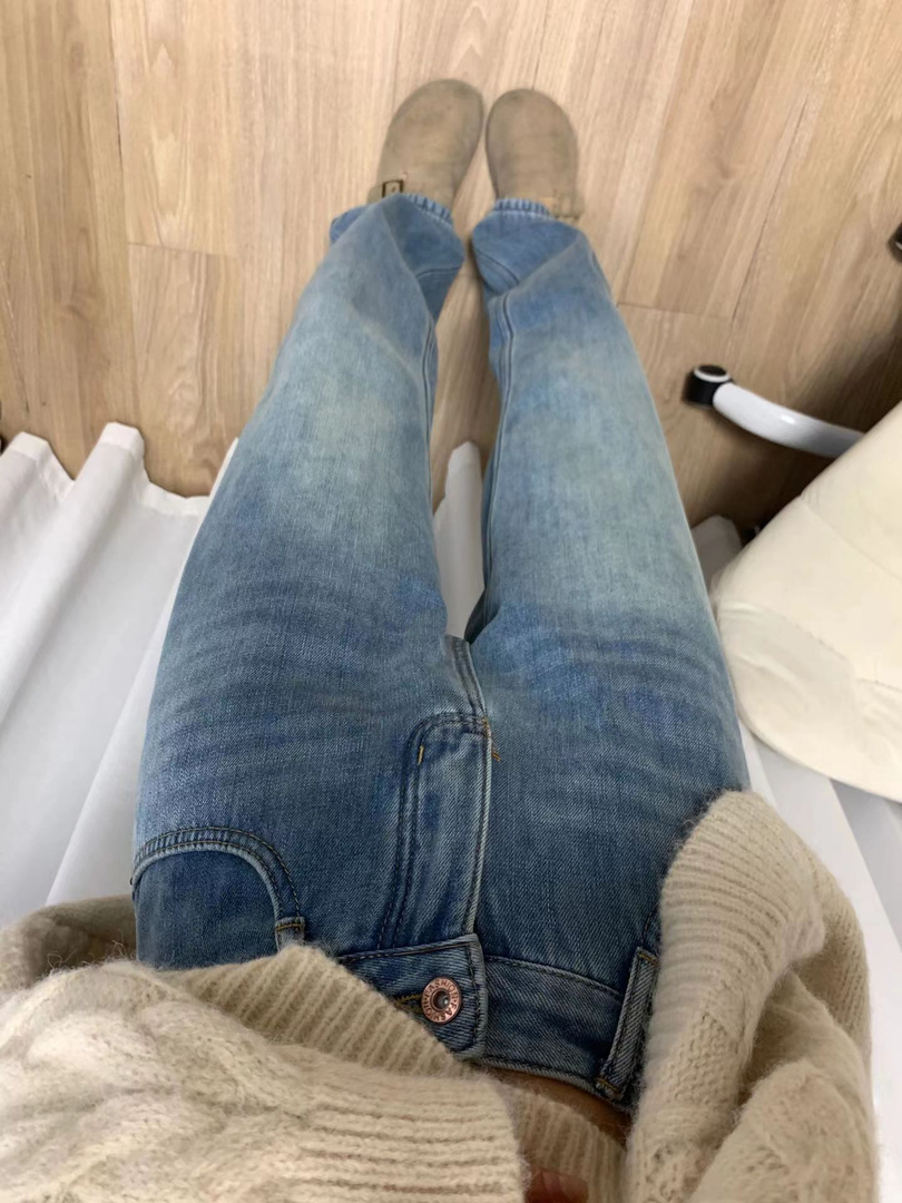 复古牛仔裤加厚秋冬软直筒长裤子