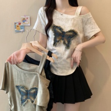 高级感露肩别致黑色短袖T恤女夏一字肩斜肩显瘦上衣胖mm大码女装