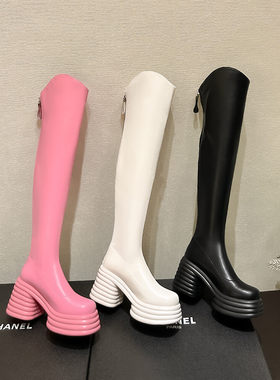 v口粉色骑士靴弹力靴新款瘦瘦靴女短筒靴真皮女鞋长筒靴过膝靴子