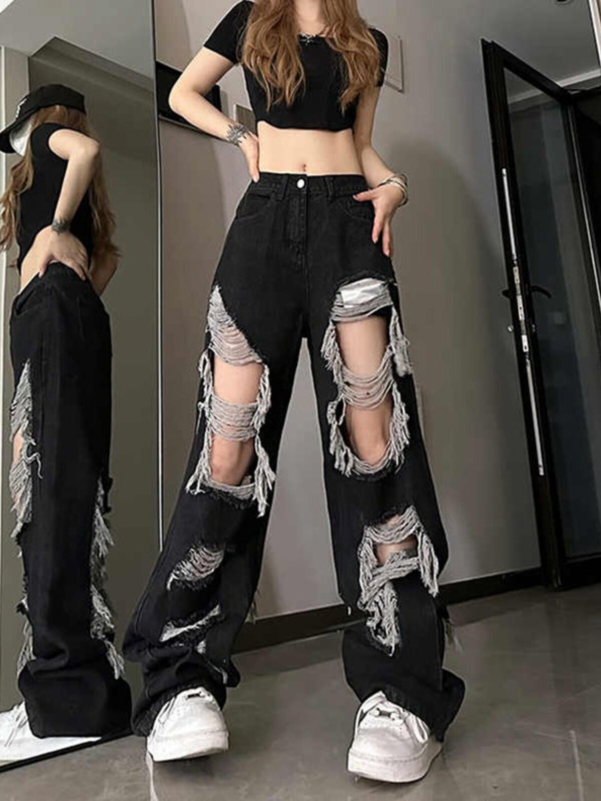 PLUS SIZE BLACK WASHED RIPPED JEANS WOMENS SUMMER HIGH WAIST BEGGAR PANTS LOOSE STRAIGHT LEG WIDE LEG MOP PANTS TIDE