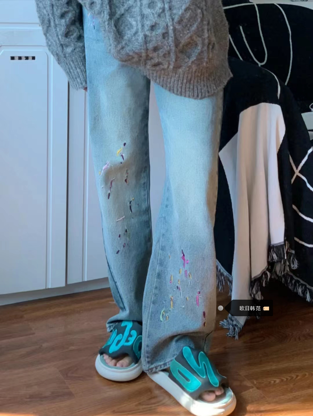 大码工艺刺绣牛仔裤女胖妹妹春季新款高腰复古水洗宽松直筒长裤子