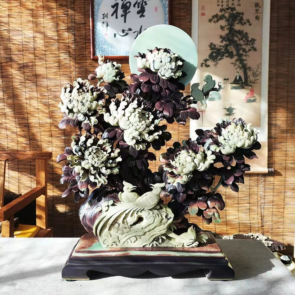 宗正堂天然紫袍玉带石双带老料牡丹全手工雕刻摆件高端收藏工艺品