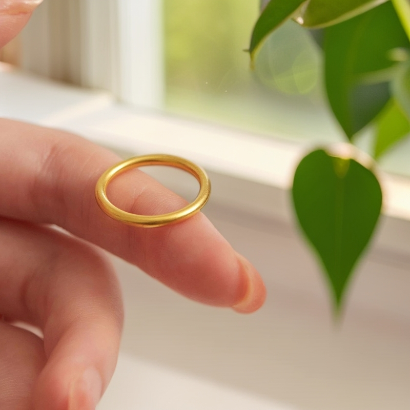 大福同款金包银素圈戒指女1g正品古法磨砂轻奢简约银饰情侣对戒