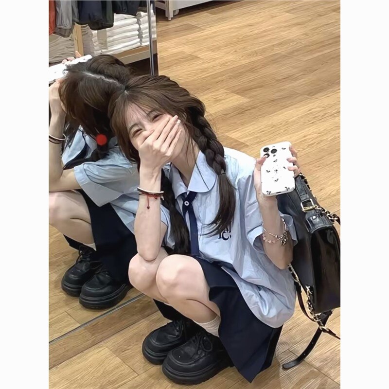 日系泰式校服学院风夏季刺绣短袖大码套装