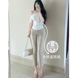 老钱风~御姐丰胯气质卡其色直筒裤百搭显瘦九分烟管裤丰胯牛仔裤