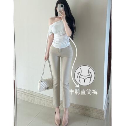 老钱风~御姐丰胯气质卡其色直筒裤百搭显瘦九分烟管裤丰胯牛仔裤
