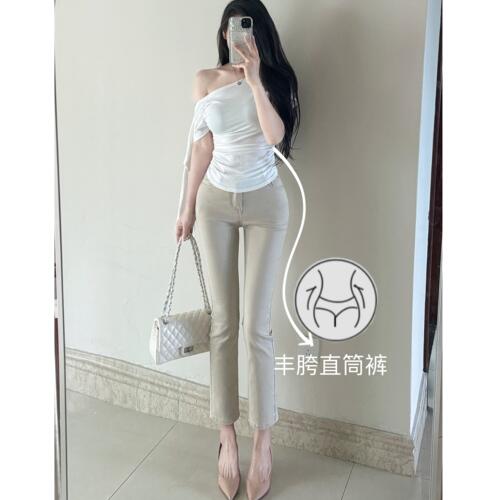 老钱风~御姐丰胯气质卡其色直筒裤百搭显瘦九分烟管裤丰胯牛仔裤