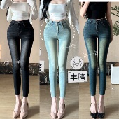 古早美女 牛仔裤 丰胯韩系细腰显瘦弹力高腰抓加绒小脚裤 秋冬新款
