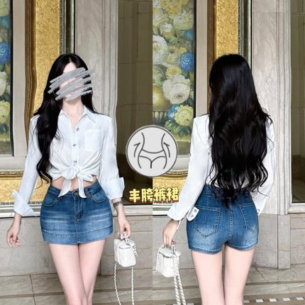 夏季丰胯新款~前裙后裤高腰百搭修身A字包臀防走光性感牛仔裤裙