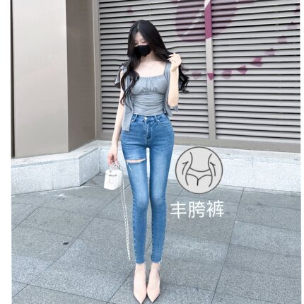 性感割破感丰胯裤~韩版设计感高腰弹力铅笔裤破洞丰胯牛仔小脚裤