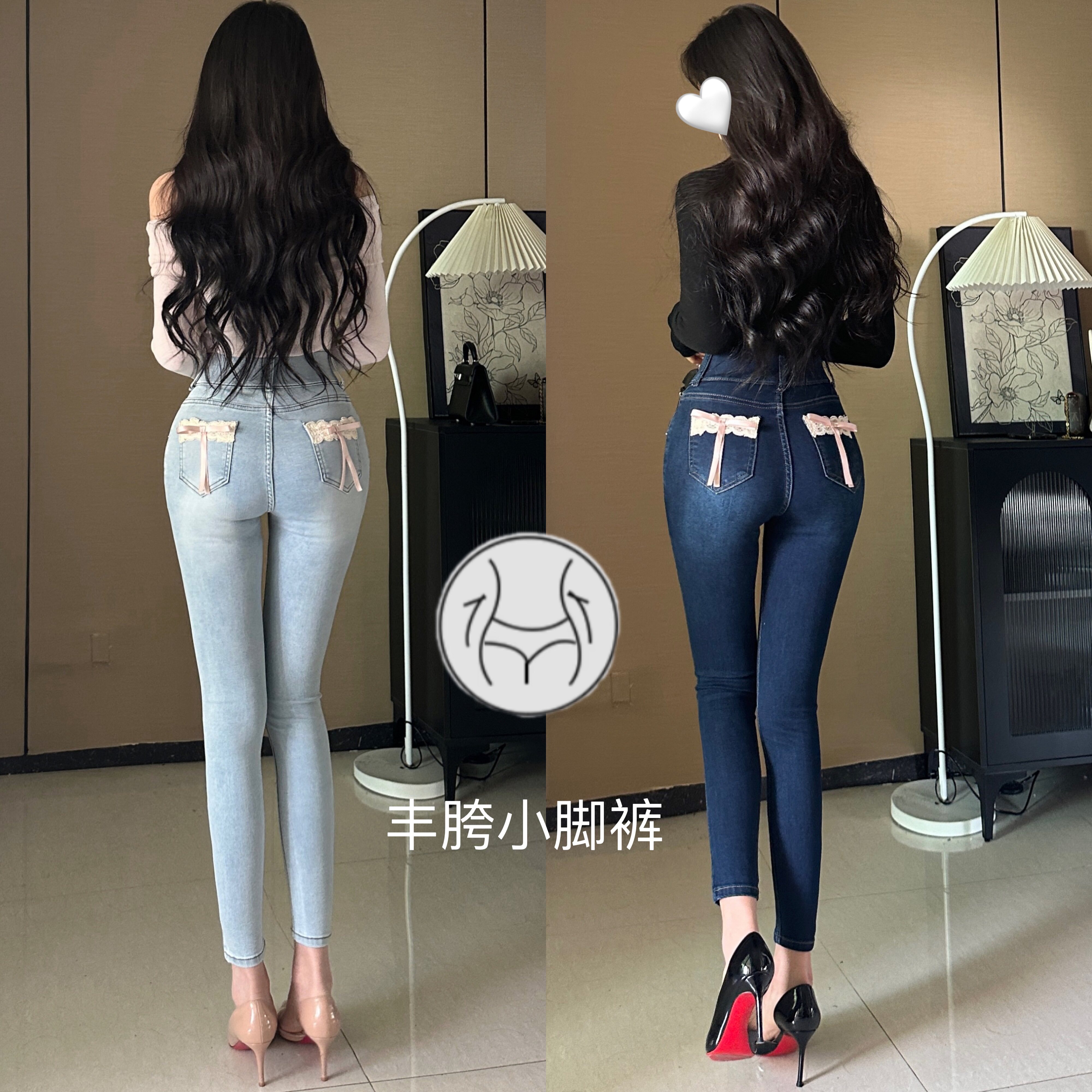 甜美丰胯~蕾丝蝴蝶结提臀显翘铅笔裤百搭气质牛仔裤修身小脚裤