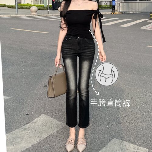 丰胯9分裤~韩版直筒九分牛仔裤黑色显瘦小个子穿搭高腰软牛仔裤