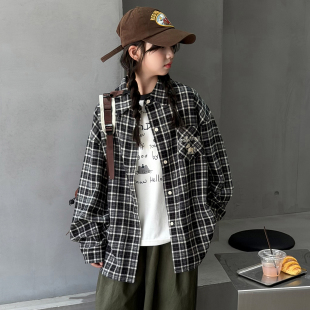 女大童美式复古格子衬衫2026春秋新款女孩宽松小众休闲外套初中生