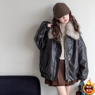 女大童复古风皮衣女孩加绒加厚毛领机车服秋冬装休闲夹克外套棉服