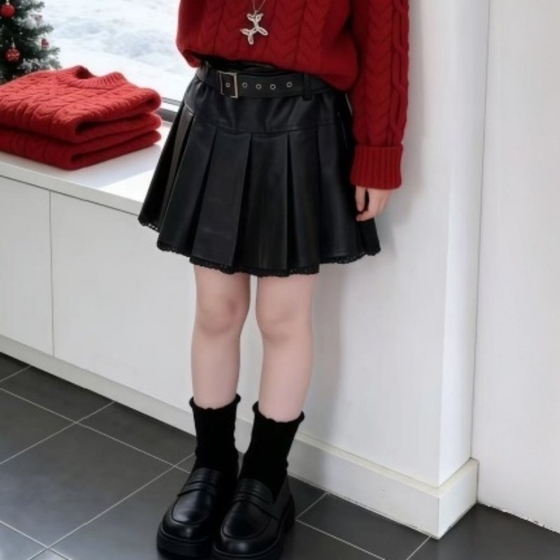 女童学院风PU皮质百褶半身裙2025秋冬新款女大童A字短裙儿童裙子
