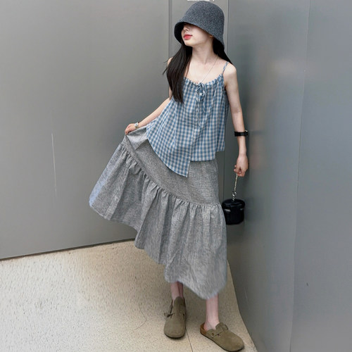女大童夏季法式格子吊带半裙套装