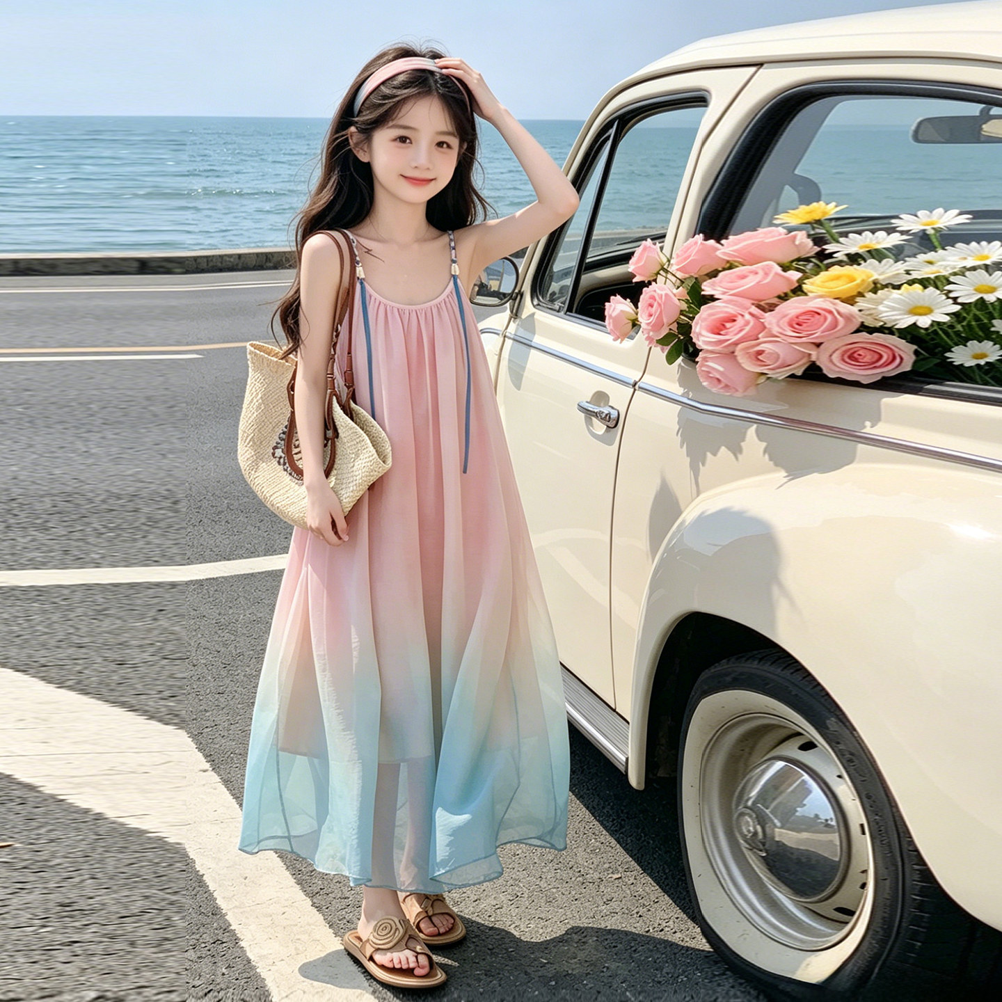 女童度假风渐变吊带连衣裙夏季超仙长裙海边沙滩裙女大儿童裙子。