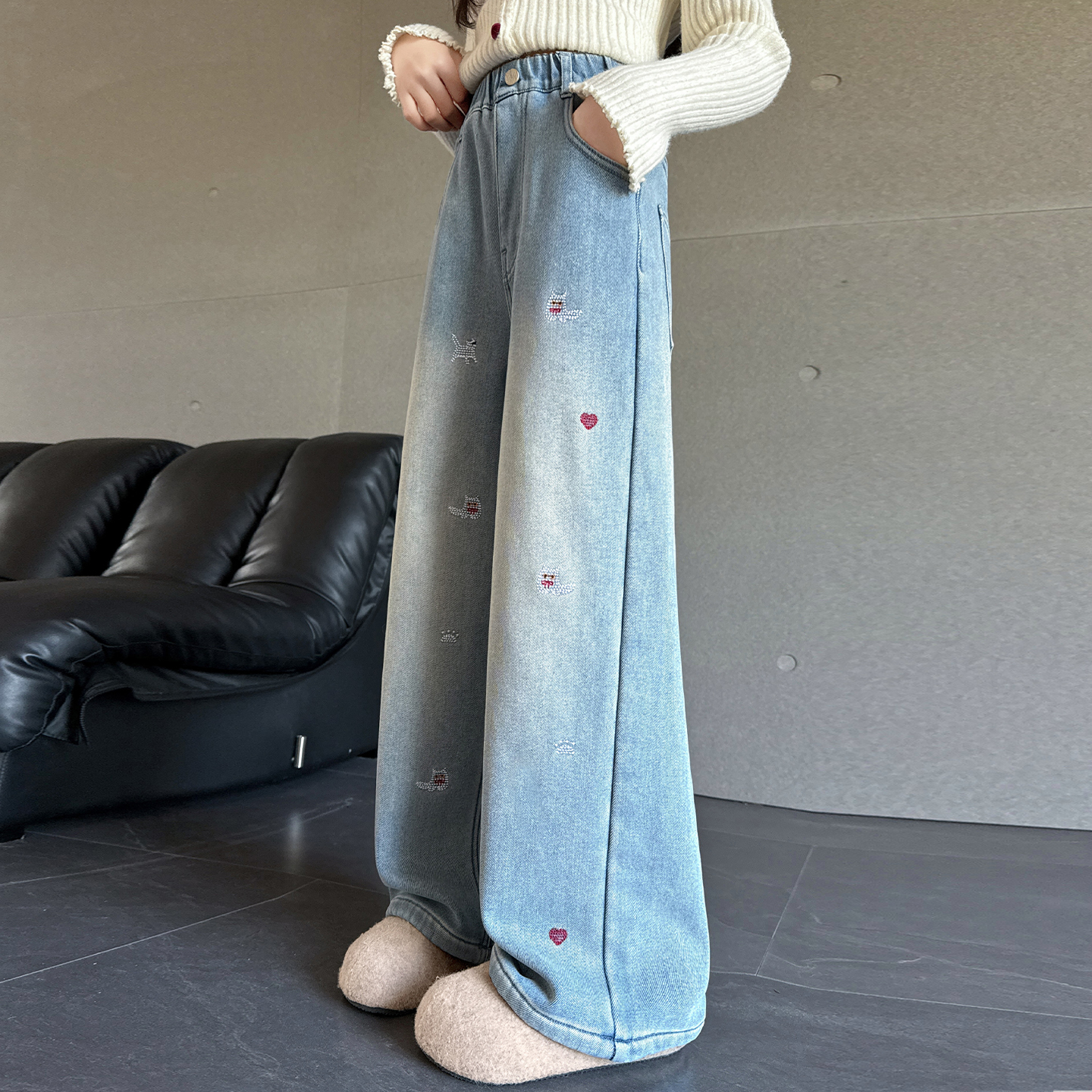女童刺绣牛仔阔腿裤2025秋冬装
