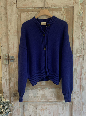 现货Scaglione意大利高端品牌时尚休闲羊绒深蓝色钮扣开衫毛衣