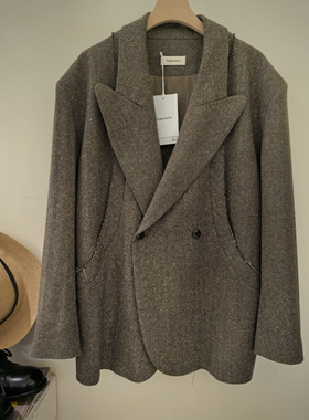 现货Flowervessel复古文艺休闲时尚落肩款羊毛桑蚕丝西装外套