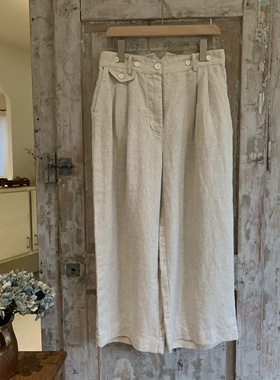 现货Jammer复古文艺时尚休闲亚麻米色宽松长裤裤子