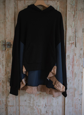 现货日本nunuforme 小众设计复古文艺宽松拼接木耳边棉质连帽卫衣