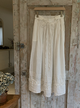 现货Jammer复古文艺时尚休闲亚麻布白色绑带半松紧腰半身裙