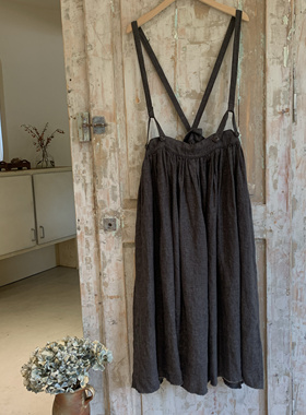 现货Jammer复古文艺时尚休闲亚麻灰色宽松背带裙