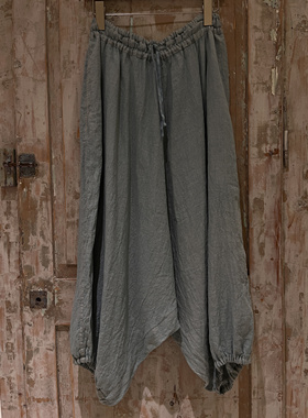 现货Factory日本小众设计休闲复古宽松棉亚麻条纹蓝色民族沙罗裤