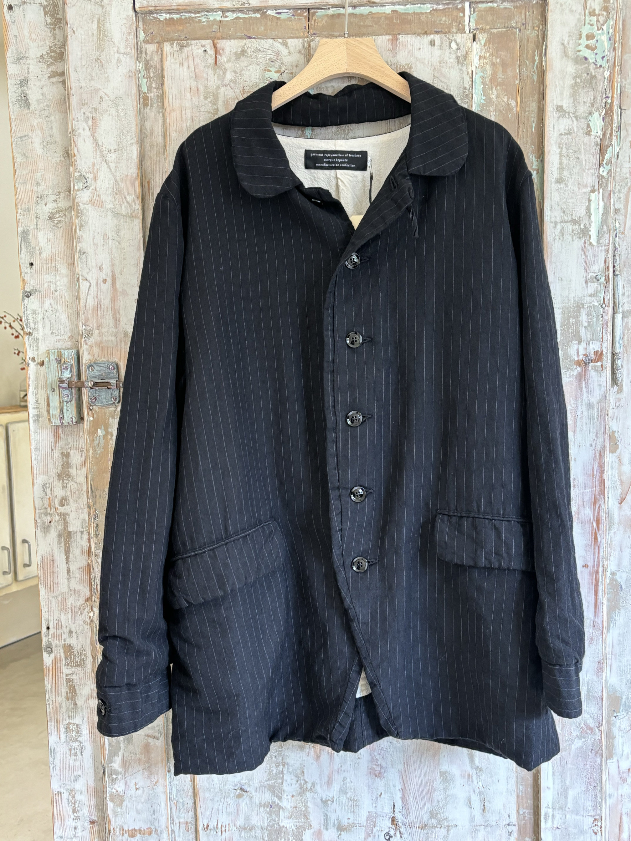 现货Garment日本小众设计复古文艺黑灰竖条纹休闲西装外套