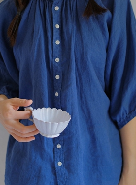 现货 日本Brocante蓝色亚麻衬衫圆领五分袖