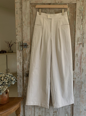 现货Flowervessel文艺时尚休闲米白色灯芯绒打褶宽松长裤