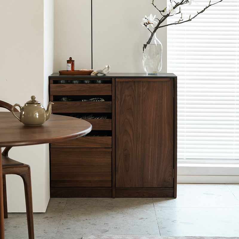 浮生记/北美黑胡桃木茶水柜实木岩板中古餐边柜靠墙一体储物柜子