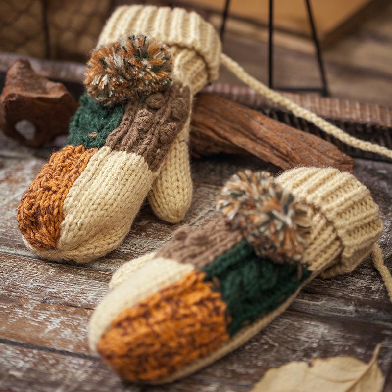 手套冬女生可爱挂脖学生加绒加厚保暖棉毛线连指针织手套出游御寒