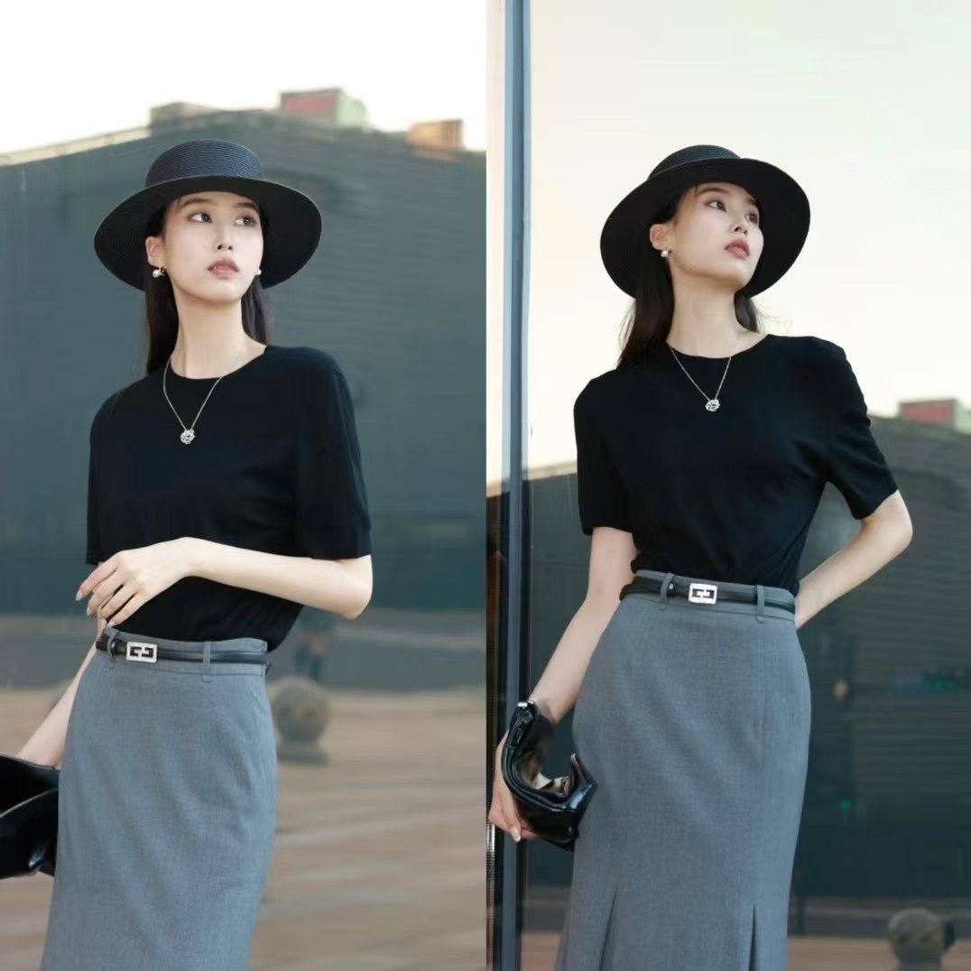 哥家商场同款2025针织短袖女T恤圆领套头短款绵羊毛打底衫138101