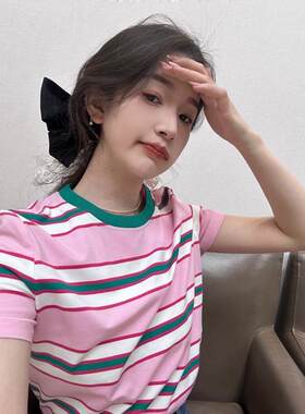 哥家商场同款2025夏季新款圆领休闲撞色条纹宽松短袖T恤女130134