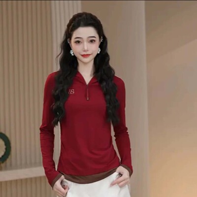 哥家商场同款2026春装新款撞色高级感修身抽褶连帽休闲卫衣530262