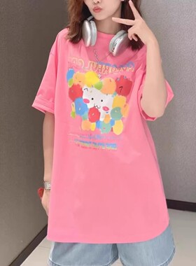 哥家商场同款女夏休闲简约宽松中长款圆领印花纯棉短袖T恤130065