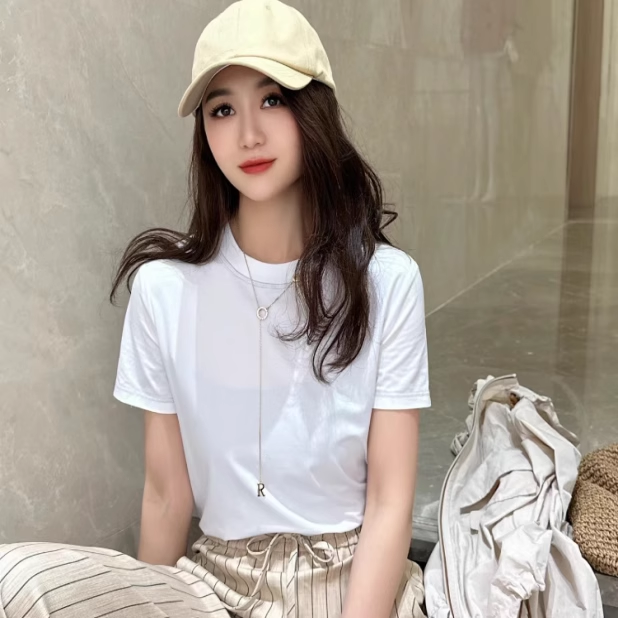 哥家商场同款2025夏季新款正肩上衣修身百搭缝线圆领T恤女5301025